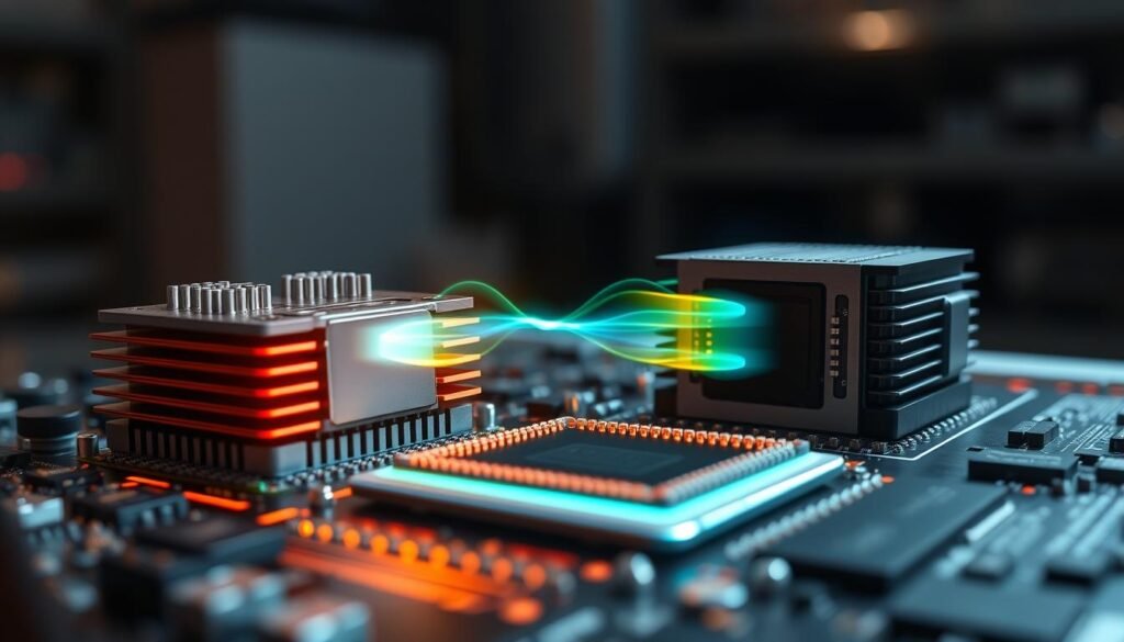 A detailed close-up view of a semiconductor chipset, highlighting its intricate design and structures. The foreground features the Snapdragon 8 Elite and Dimensity 9400 chipsets, showcasing their unique features like cooling fins and power management systems. In the middle, illustrate heat waves emanating from the chipsets, symbolizing thermal management, with a spectrum of blue and green to depict efficient energy flow. The background should be a soft-focus laboratory setting with muted lighting, emphasizing a technical atmosphere. Use a 50mm lens effect for a crisp detail on the chipsets while softly blurring the environment. The mood is professional and cutting-edge, conveying innovation and efficiency in power management.