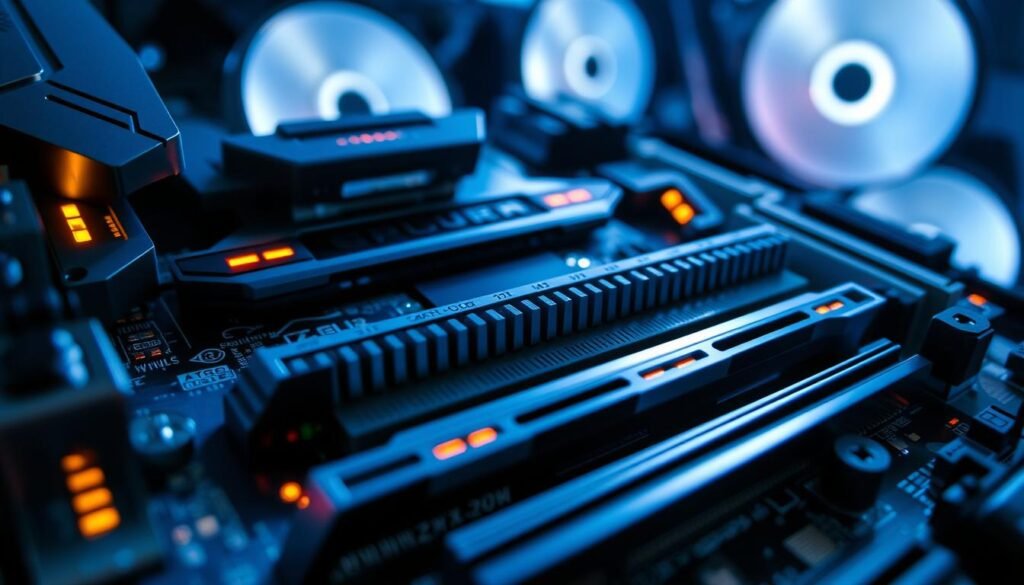 A dynamic close-up view of a high-tech motherboard showcasing the overclocking features and power stages. In the foreground, highlight intricate power delivery components with glowing LED indicators, emphasizing the advanced engineering. The middle layer includes several M.2 slots, each expertly designed for NVMe SSDs, with detailed heatsinks and connectors, displaying a sleek metallic finish. In the background, a faint image of a computer case creates depth, with soft, ambient lighting enhancing the modern aesthetic. The overall atmosphere should evoke a sense of cutting-edge technology and performance, captured from a slightly tilted angle to provide a dramatic perspective. The scene is illuminated with cool blue and white lights, reflecting a professional yet futuristic environment. A dynamic close-up view of a high-tech motherboard showcasing the overclocking features and power stages. In the foreground, highlight intricate power delivery components with glowing LED indicators, emphasizing the advanced engineering. The middle layer includes several M.2 slots, each expertly designed for NVMe SSDs, with detailed heatsinks and connectors, displaying a sleek metallic finish. In the background, a faint image of a computer case creates depth, with soft, ambient lighting enhancing the modern aesthetic. The overall atmosphere should evoke a sense of cutting-edge technology and performance, captured from a slightly tilted angle to provide a dramatic perspective. The scene is illuminated with cool blue and white lights, reflecting a professional yet futuristic environment.