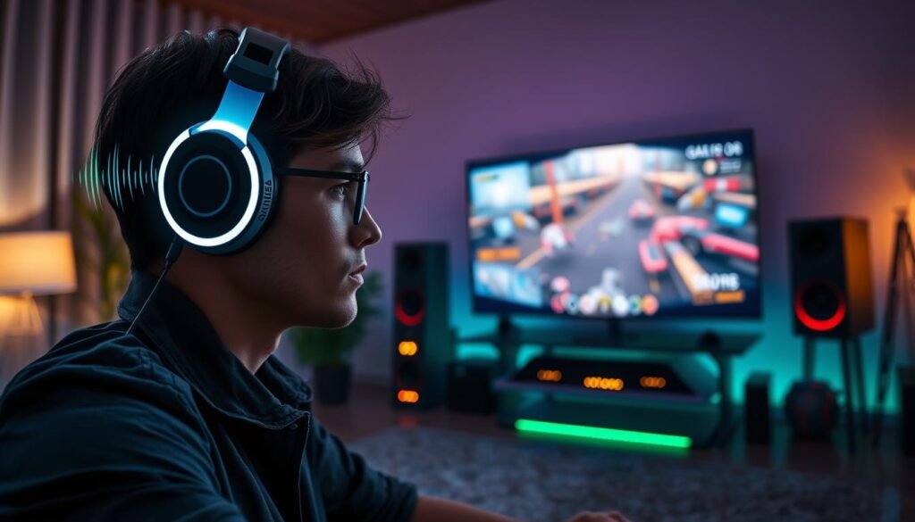 A dynamic gaming scene showcasing a player immersed in a spatial audio gaming experience. In the foreground, a focused individual, dressed in casual professional attire, wears an advanced headset that glows softly, with sound waves visually emanating around them. The middle ground features a modern gaming setup, complete with a high-tech console and a large screen displaying an immersive game environment, with vivid graphics highlighting action. In the background, soft ambient lighting contrasts with colorful LED lights from the gaming gear, creating a vibrant yet cozy atmosphere. The overall mood is one of excitement and engagement, emphasizing the transformative power of Dolby Atmos audio, hinting at the emotional depth and impact it brings to gaming. A dynamic gaming scene showcasing a player immersed in a spatial audio gaming experience. In the foreground, a focused individual, dressed in casual professional attire, wears an advanced headset that glows softly, with sound waves visually emanating around them. The middle ground features a modern gaming setup, complete with a high-tech console and a large screen displaying an immersive game environment, with vivid graphics highlighting action. In the background, soft ambient lighting contrasts with colorful LED lights from the gaming gear, creating a vibrant yet cozy atmosphere. The overall mood is one of excitement and engagement, emphasizing the transformative power of Dolby Atmos audio, hinting at the emotional depth and impact it brings to gaming.