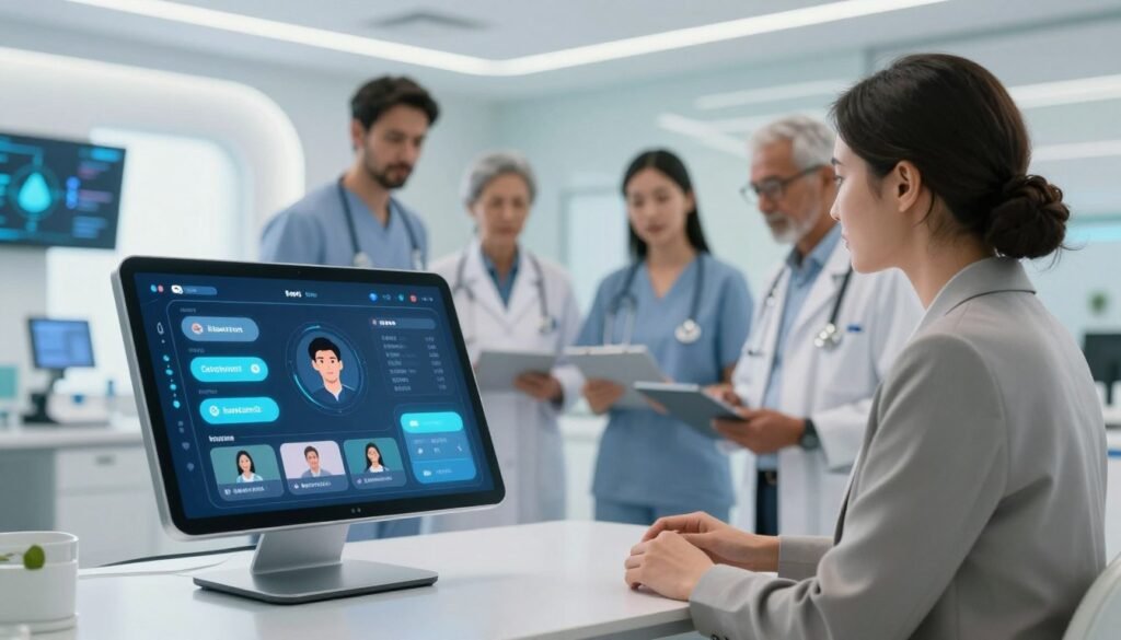 A futuristic scene depicting an advanced health chatbot interface. In the foreground, a sleek, high-tech device displays a user-friendly AI interface with dynamic health analytics and disease diagnosis options. In the middle, a diverse group of healthcare professionals, dressed in professional business attire, engages with the chatbot, showcasing collaboration between humans and AI. They appear intrigued and focused, reflecting a sense of innovation. The background features a modern health clinic, with digital screens and medical equipment blending seamlessly into a bright, inviting environment. Soft, natural lighting enhances the atmosphere, conveying hope and advancement in healthcare technology. The scene embodies the future of health chatbot innovation, emphasizing accessibility and advanced diagnostics without any text or overlays.