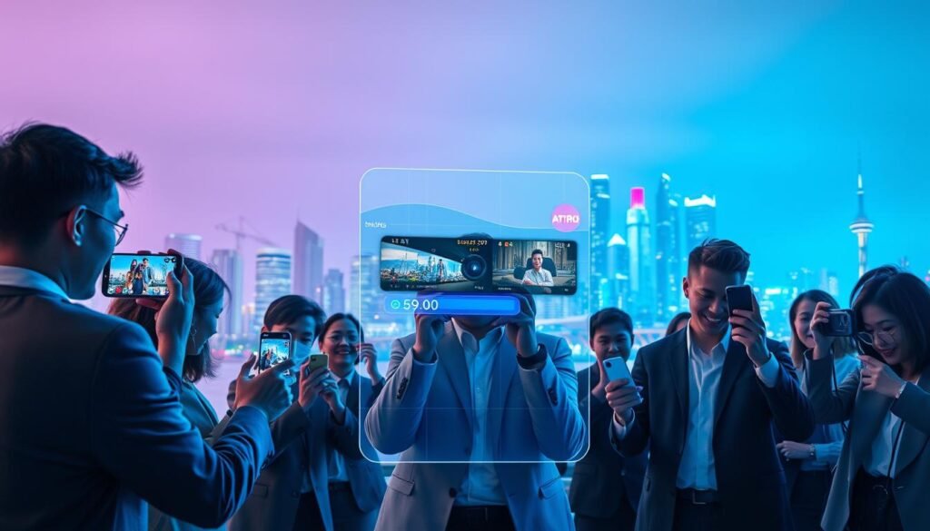 A futuristic scene showcasing the next generation of short video apps. In the foreground, a diverse group of young professionals in smart business attire are engaging with their mobile devices, capturing creative video content. The middle layer features a sleek, holographic interface displaying vibrant video previews and analytics, with user-friendly navigation. In the background, a modern city skyline illuminated by neon lights sets the mood of innovation and digital creativity. Soft, ambient lighting creates a dynamic atmosphere, enhancing the anticipation of a new social media revolution. The angle is slightly tilted upwards, emphasizing the technological advancements of the future. The overall tone is optimistic and energetic, suggesting a shift towards more diverse and creative social networking platforms. A futuristic scene showcasing the next generation of short video apps. In the foreground, a diverse group of young professionals in smart business attire are engaging with their mobile devices, capturing creative video content. The middle layer features a sleek, holographic interface displaying vibrant video previews and analytics, with user-friendly navigation. In the background, a modern city skyline illuminated by neon lights sets the mood of innovation and digital creativity. Soft, ambient lighting creates a dynamic atmosphere, enhancing the anticipation of a new social media revolution. The angle is slightly tilted upwards, emphasizing the technological advancements of the future. The overall tone is optimistic and energetic, suggesting a shift towards more diverse and creative social networking platforms.