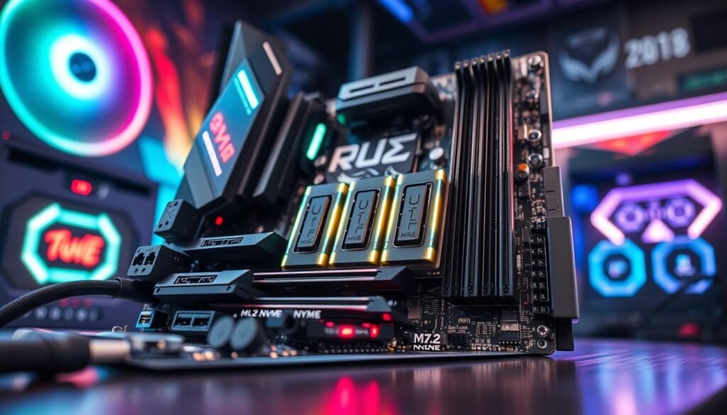 A high-tech gaming motherboard designed with an innovative cooling system, showcasing multiple M.2 slots prominently. The foreground features a sleek, metallic motherboard with intricate circuitry and advanced cooling fans, designed to dissipate heat effectively. The middle layer emphasizes the detailed arrangement of NVMe drives, highlighted by glowing LED lights. The background is softly blurred, featuring a modern gaming setup with RGB lighting that enhances the high-tech atmosphere. The scene is illuminated with dynamic, soft lighting to create a futuristic mood. The perspective is a close-up angled shot, capturing the motherboard at an eye-catching angle that emphasizes its build quality and thermal design, while ensuring a professional and engaging composition. A high-tech gaming motherboard designed with an innovative cooling system, showcasing multiple M.2 slots prominently. The foreground features a sleek, metallic motherboard with intricate circuitry and advanced cooling fans, designed to dissipate heat effectively. The middle layer emphasizes the detailed arrangement of NVMe drives, highlighted by glowing LED lights. The background is softly blurred, featuring a modern gaming setup with RGB lighting that enhances the high-tech atmosphere. The scene is illuminated with dynamic, soft lighting to create a futuristic mood. The perspective is a close-up angled shot, capturing the motherboard at an eye-catching angle that emphasizes its build quality and thermal design, while ensuring a professional and engaging composition.