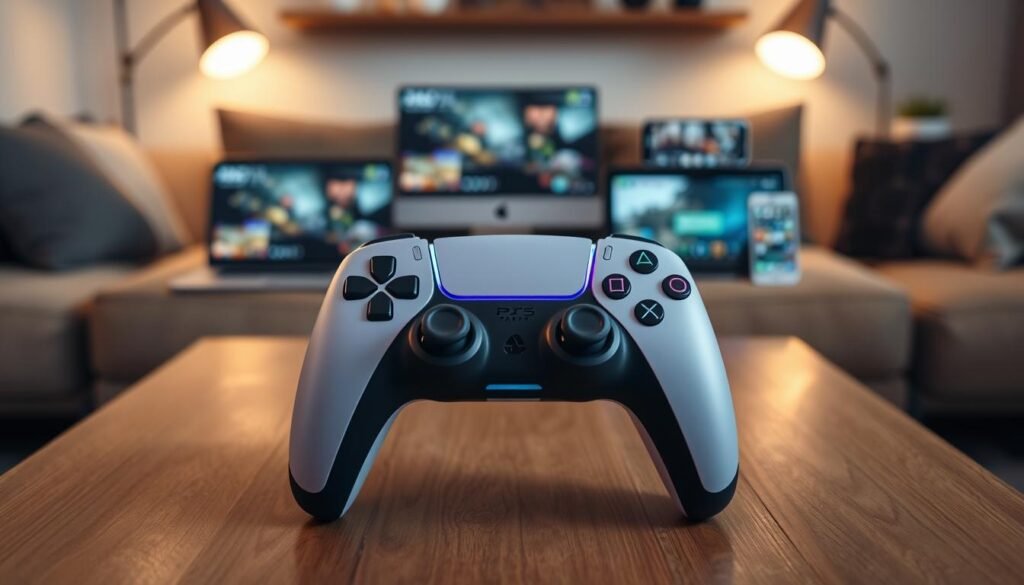 A modern gaming controller designed for the PS5, showcasing its sleek ergonomic design and vibrant colors, placed on a stylish wooden table. In the foreground, the controller stands prominently with a subtle glow to emphasize its high-tech features. In the middle, various electronic devices surround the controller, including a laptop, tablet, and smartphone, all displaying different gaming interfaces to illustrate its multi-device compatibility. The background features a cozy gaming setup, with soft ambient lighting that casts a warm glow, creating an inviting atmosphere. The scene captures a sense of innovation and accessibility, perfect for avid gamers seeking versatility in their gaming equipment. The image is well-lit, taken from a slightly elevated angle to highlight the controller and the devices around it. A modern gaming controller designed for the PS5, showcasing its sleek ergonomic design and vibrant colors, placed on a stylish wooden table. In the foreground, the controller stands prominently with a subtle glow to emphasize its high-tech features. In the middle, various electronic devices surround the controller, including a laptop, tablet, and smartphone, all displaying different gaming interfaces to illustrate its multi-device compatibility. The background features a cozy gaming setup, with soft ambient lighting that casts a warm glow, creating an inviting atmosphere. The scene captures a sense of innovation and accessibility, perfect for avid gamers seeking versatility in their gaming equipment. The image is well-lit, taken from a slightly elevated angle to highlight the controller and the devices around it.