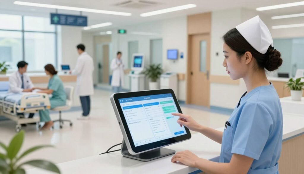 A modern hospital setting featuring an integrated AI chatbot system. In the foreground, a professional nurse in scrubs interacts with a sleek touchscreen display, showcasing patient data and chatbot interfaces. The middle layer displays a busy reception area with healthcare professionals in smart attire assisting patients. The background shows a well-lit corridor lined with patient rooms, equipped with advanced technology and digital signage. Bright, natural lighting comes through large windows, creating a welcoming atmosphere. The overall mood is one of innovation and efficiency, highlighting the use of AI in healthcare. Focus on clarity and organization within the scene, ensuring a balance between technology and human interaction.