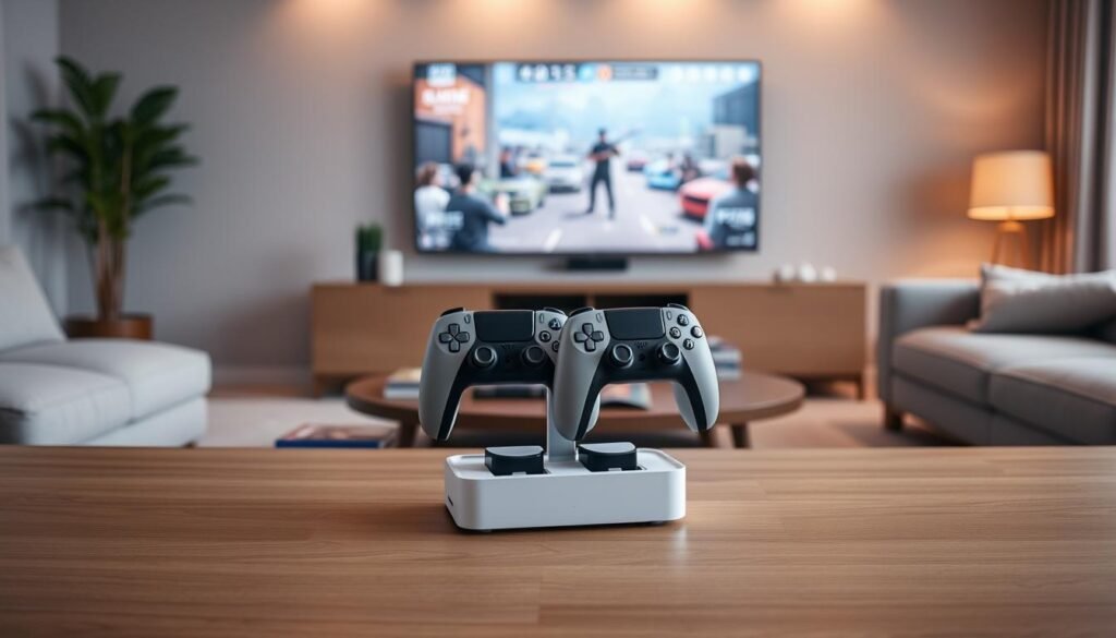 A modern living room showcasing a PlayStation 5 DualSense Charging Station with two controllers seamlessly docked. In the foreground, the sleek charging station is center stage, with controllers positioned upright, illustrating an organized gaming setup. In the middle ground, a stylish coffee table with game cases and a vibrant gaming magazine adds context. The background features a large TV displaying a gaming scene, creating an immersive atmosphere. Soft, warm lighting casts a cozy glow, enhancing the room's inviting feel. The shot is taken from a slightly elevated angle to capture both the docking station and the gaming environment, emphasizing ease of use and stability. The overall mood is relaxed and engaging, perfect for showcasing a user-friendly gaming experience. A modern living room showcasing a PlayStation 5 DualSense Charging Station with two controllers seamlessly docked. In the foreground, the sleek charging station is center stage, with controllers positioned upright, illustrating an organized gaming setup. In the middle ground, a stylish coffee table with game cases and a vibrant gaming magazine adds context. The background features a large TV displaying a gaming scene, creating an immersive atmosphere. Soft, warm lighting casts a cozy glow, enhancing the room's inviting feel. The shot is taken from a slightly elevated angle to capture both the docking station and the gaming environment, emphasizing ease of use and stability. The overall mood is relaxed and engaging, perfect for showcasing a user-friendly gaming experience.