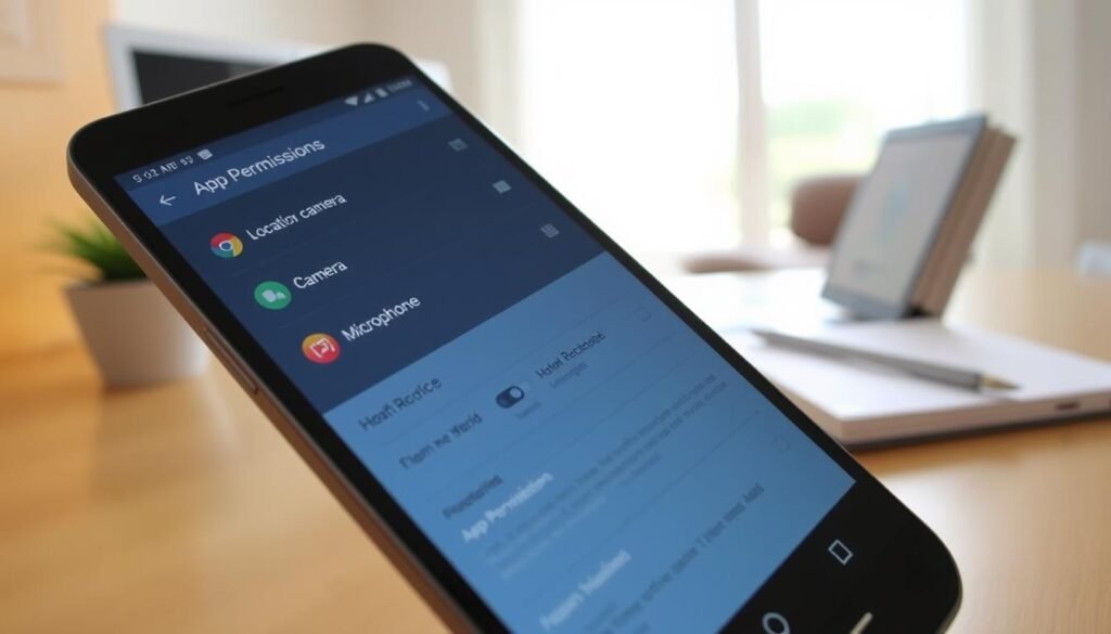A modern, sleek smartphone displaying the "App Permissions" settings menu in an Android interface, focused in the foreground. The screen shows a list of app icons with toggles for location, camera, and microphone permissions highlighted. In the middle ground, there is a partially blurred workspace with a soft-focus laptop and a notepad beside it, suggesting a professional environment. The background includes a bright, airy room with natural light streaming in through a window, enhancing the clarity of the smartphone screen. The mood is informative yet approachable, ideal for a tech-savvy audience. Capture this scene with a slight overhead angle to emphasize the smartphone's screen, using soft lighting to create a warm atmosphere.