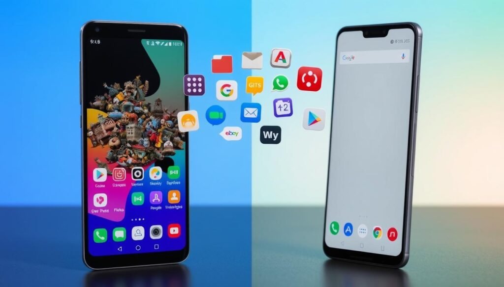 A split-screen image depicting the contrast between One UI 6.1 and Pixel UI on smartphones, highlighting the concept of bloatware. In the foreground, a Samsung smartphone displaying a colorful, cluttered app interface symbolizing bloatware, with various unused apps and widgets, while in contrast, a Google Pixel smartphone showcases a clean, minimalistic interface. In the middle ground, several icons representing different types of bloatware float above the devices, including social media apps, games, and productivity tools. The background features a soft gradient of blue and green tones, suggesting a modern, tech-savvy atmosphere. The lighting is bright and even, focusing on the phones, creating a clear distinction between the two operating systems. The scene conveys an analytical and informative mood, inviting viewers to consider the implications of bloatware on smartphone performance.