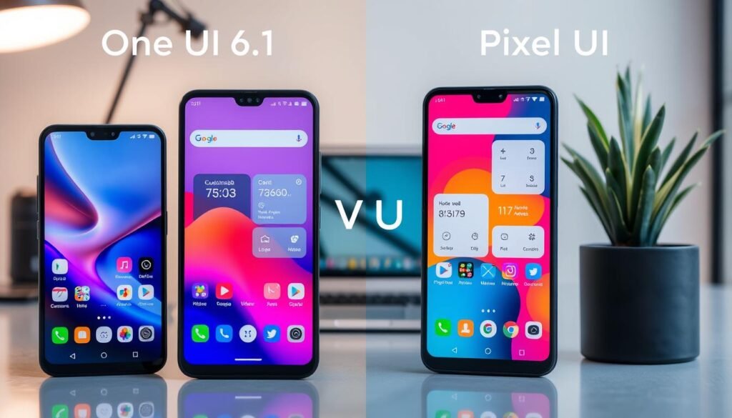 A split-screen image showcasing two smartphone interfaces, One UI 6.1 and Pixel UI, side by side. The foreground features sleek, modern smartphones with glossy screens displaying colorful icons and widgets, emphasizing customization options. In the middle, vibrant graphics highlight the unique features of each UI, such as customizable themes and quick access tools. The background is a softly blurred workspace with a stylish laptop and a desk plant, creating a tech-savvy atmosphere. Use soft, ambient lighting to enhance the devices’ displays and reflections. The angle should be slightly elevated, providing a clear view of both interfaces while capturing the modern design aesthetic. The mood is professional and engaging, inviting viewers to compare the two UIs effectively.