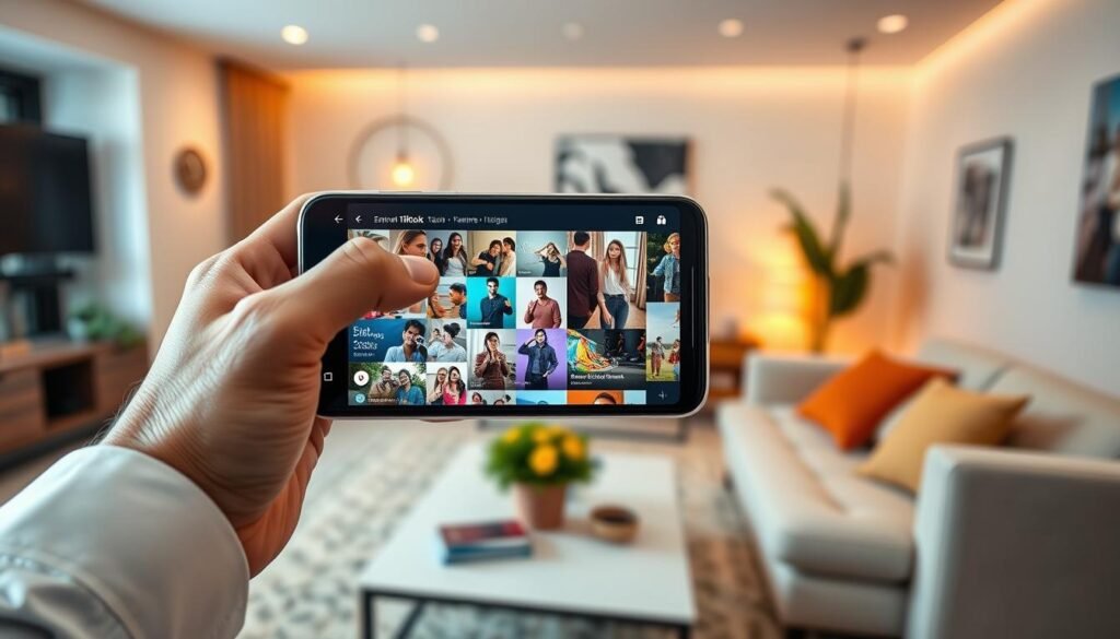 Visualize a vibrant, modern interface showcasing key features of a short video application designed to rival TikTok. In the foreground, display a sleek smartphone held by a user dressed in professional business attire, their thumb swiping through an engaging interface filled with dynamic video thumbnails and user-friendly icons. The middle-ground highlights an eye-catching selection of diverse videos with vivid thumbnails promoting creativity, music, and community interaction. In the background, create a soft-focus environment resembling a cozy living room with warm lighting, suggesting a casual yet inspiring atmosphere. Use a wide angle to capture depth and add an inviting ambiance, ensuring a clean and polished look without any text or branding, evoking excitement and innovation in social media. Visualize a vibrant, modern interface showcasing key features of a short video application designed to rival TikTok. In the foreground, display a sleek smartphone held by a user dressed in professional business attire, their thumb swiping through an engaging interface filled with dynamic video thumbnails and user-friendly icons. The middle-ground highlights an eye-catching selection of diverse videos with vivid thumbnails promoting creativity, music, and community interaction. In the background, create a soft-focus environment resembling a cozy living room with warm lighting, suggesting a casual yet inspiring atmosphere. Use a wide angle to capture depth and add an inviting ambiance, ensuring a clean and polished look without any text or branding, evoking excitement and innovation in social media.