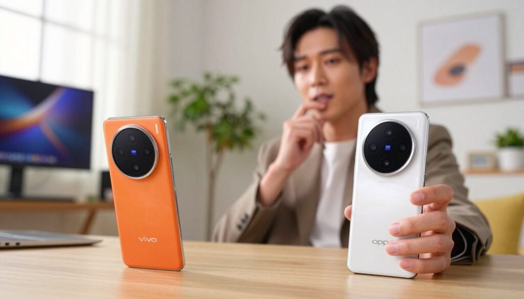 A modern smartphone flagship, specifically the Vivo X100 Pro on the left and the OPPO Find X7 Pro on the right, showcased prominently in the foreground. Both devices are displayed with stunning detail, highlighting their sleek designs and vibrant displays. In the middle ground, a user is holding the smartphones, wearing stylish professional attire, engaged in a thoughtful review. The background features a soft-focus tech environment, with blurred images of a cozy home workspace, plants, and light streaming in through a window. The lighting is bright yet warm, creating an inviting atmosphere. The angle captures both smartphones from a slight overhead perspective, emphasizing their features and the user's engagement with them. The mood conveys excitement and curiosity, inviting viewers into the experience of using these flagship devices.