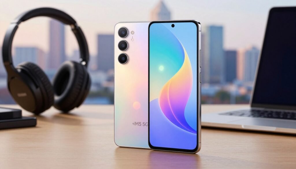 A modern smartphone, the Samsung Galaxy M35 5G, prominently displayed in the foreground, with its sleek design highlighted by a smooth glass back and vibrant display. Show the phone at an angle that reveals its screen brightness and camera details, with elegant reflections and subtle lens flares to enhance the futuristic feel. In the middle ground, a blurred workspace with tech accessories like headphones and a laptop sets a tech-savvy atmosphere. The background features a soft-focus city skyline, symbolizing connectivity and innovation. Soft, natural lighting creates a warm and inviting ambiance, suggesting the performance and efficiency of the Galaxy M35 5G, complementing the theme of advanced technology. A modern smartphone, the Samsung Galaxy M35 5G, prominently displayed in the foreground, with its sleek design highlighted by a smooth glass back and vibrant display. Show the phone at an angle that reveals its screen brightness and camera details, with elegant reflections and subtle lens flares to enhance the futuristic feel. In the middle ground, a blurred workspace with tech accessories like headphones and a laptop sets a tech-savvy atmosphere. The background features a soft-focus city skyline, symbolizing connectivity and innovation. Soft, natural lighting creates a warm and inviting ambiance, suggesting the performance and efficiency of the Galaxy M35 5G, complementing the theme of advanced technology.