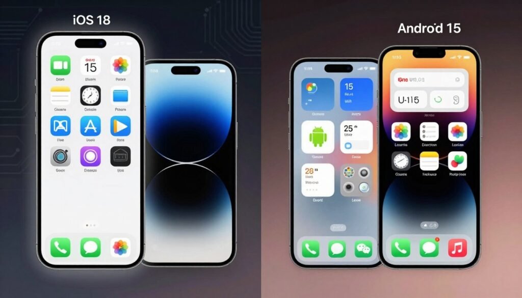 A split-screen design showcasing the interfaces of iOS 18 and Android 15 (One UI 7). In the foreground, feature the elegant and minimalist layout of iOS 18 with vibrant app icons, smooth transitions, and a soft light glow emanating from the screen. In contrast, the Android 15 interface should display its customizable widgets, bold colors, and user-friendly navigation, with a slight 3D effect. In the middle ground, include representative elements like smartphones reflecting the latest models, positioned side by side. The background can depict a subtle tech-inspired environment, showcasing circuit patterns and soft gradient lighting to evoke a modern atmosphere. Aim for a crisp, high-resolution image that captures the essence of both operating systems, highlighting their unique features while maintaining a balanced composition.