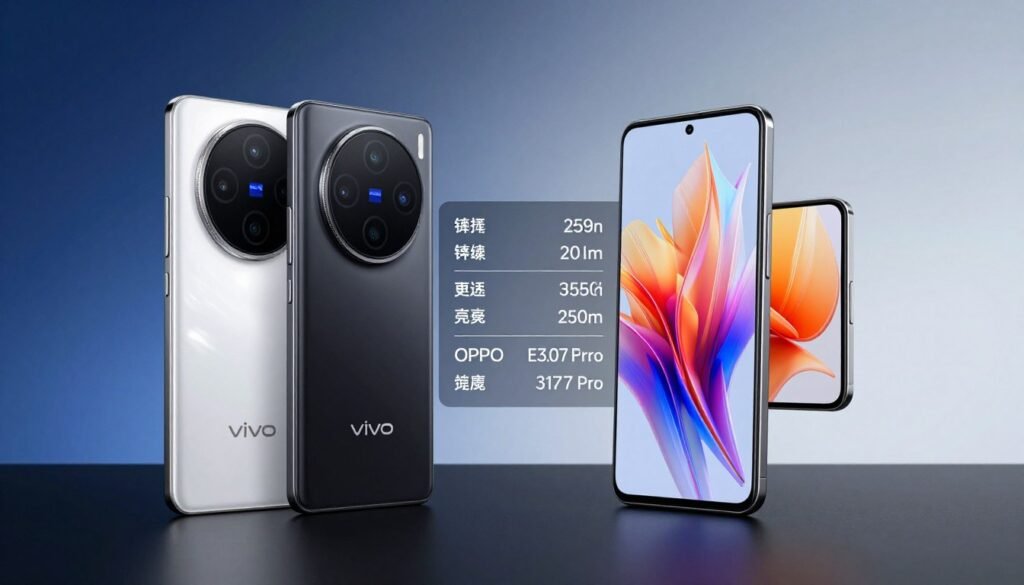 A vivid comparison image showcasing two flagship smartphones, the Vivo X100 Pro and OPPO Find X7 Pro, displayed side by side. In the foreground, the devices are angled slightly towards each other on a sleek black surface, highlighting their vibrant displays. The screens are lit with dynamic colorful visuals, illustrating their superior display quality, such as deep blacks, bright colors, and sharp details. In the middle ground, a stylized comparison chart of screen specifications floats subtly between the phones, displaying metrics like resolution and brightness. The background is a soft-focus gradient that shifts from a deep blue to a light gray, adding a modern tech atmosphere. The lighting is soft yet bright, enhancing the glare on the screens and emphasizing their premium build.
